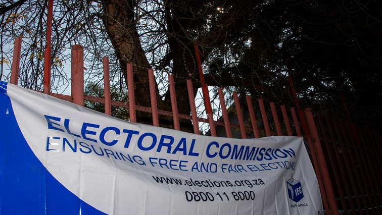 The Electoral Commission of South Africa (IEC) banner outside a voting station at Hofland Park Community Centre in Johannesburg on May 29, 2025.