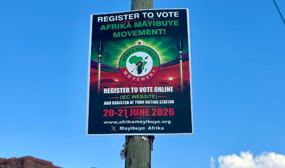 A poster of the Afrika Mayibuye Movement urging citizens to register to vote.