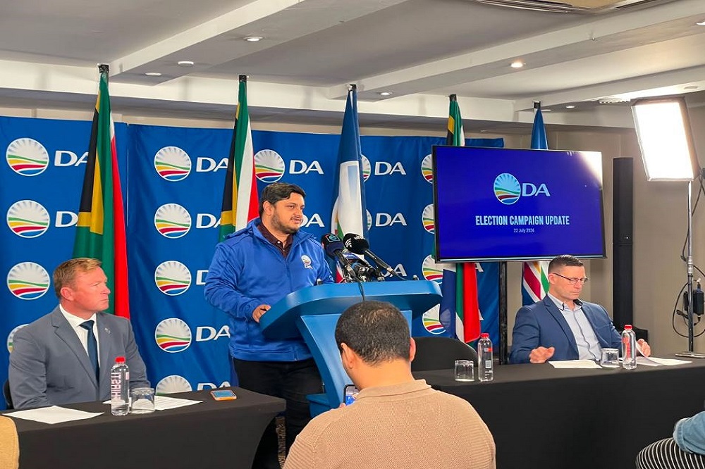 Democratic Alliance (DA) Election Campaign National Manager Ashur Sarupen addresses a press briefing on July 22, 2026.