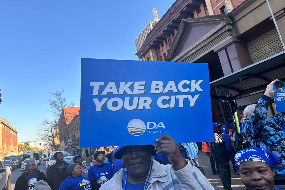 Democratic Alliance (DA) members protesting outside the Pretoria High Court on July 29, 2026.