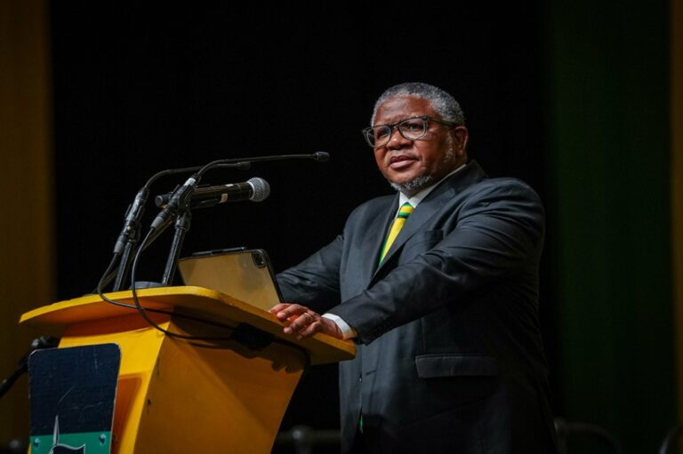 ANC Secretary-General Fikile Mbalula addresses party delegates at the Sandton International Convention Centre in Johannesburg.