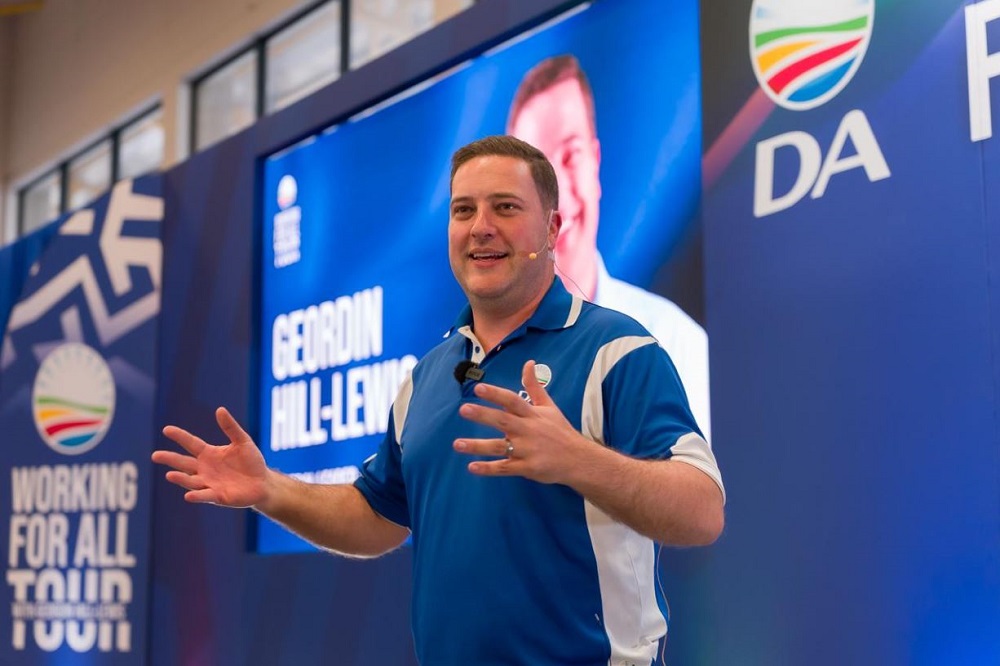 Democratic Alliance (DA) leader Geordin Hill-Lewis addresses a party election campaign rally in Gqeberha, Eastern Cape on September 22, 2026.