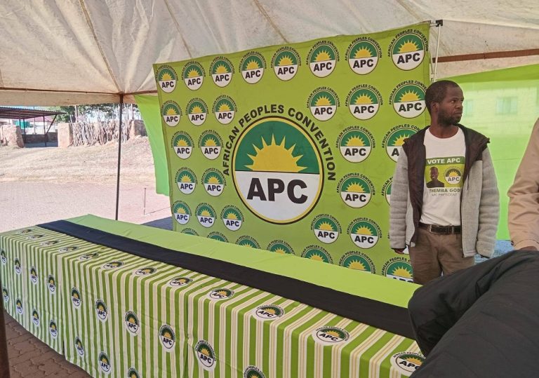 Banner of the Afircan People's Convention seen during the party's celebration of Africa Day in this image captured on 25 May 2025.