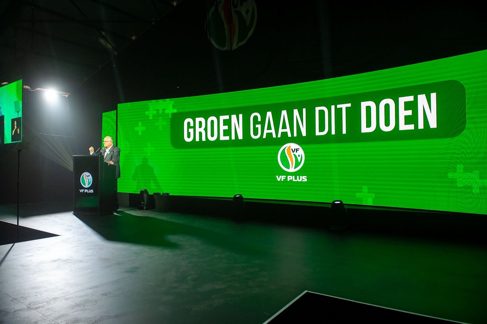 An FF Plus banner is seen during the party's election manifesto launch in Centurion in Pretoria on 16 September 2026.