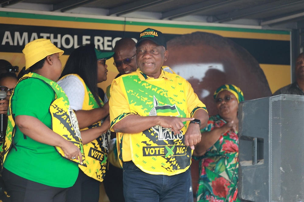 ANC President Cyril Ramaphosa gestures during an engagement with community members during the party’s campaign trail in KuGompo City in the Eastern Cape on 23 October 2026.