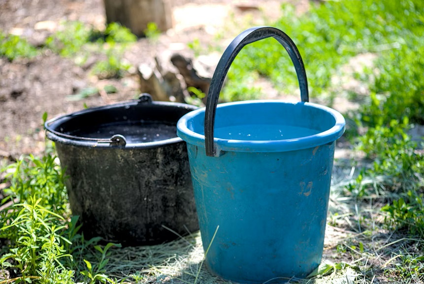 Buckets of water during a water crisis.